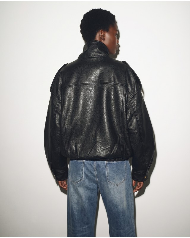 High-Neck Oversized Faux Leather Jacket - Black