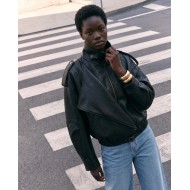 High-Neck Oversized Faux Leather Jacket - Black