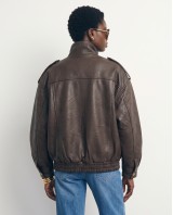 High-Neck Oversized Faux Leather Jacket - brown
