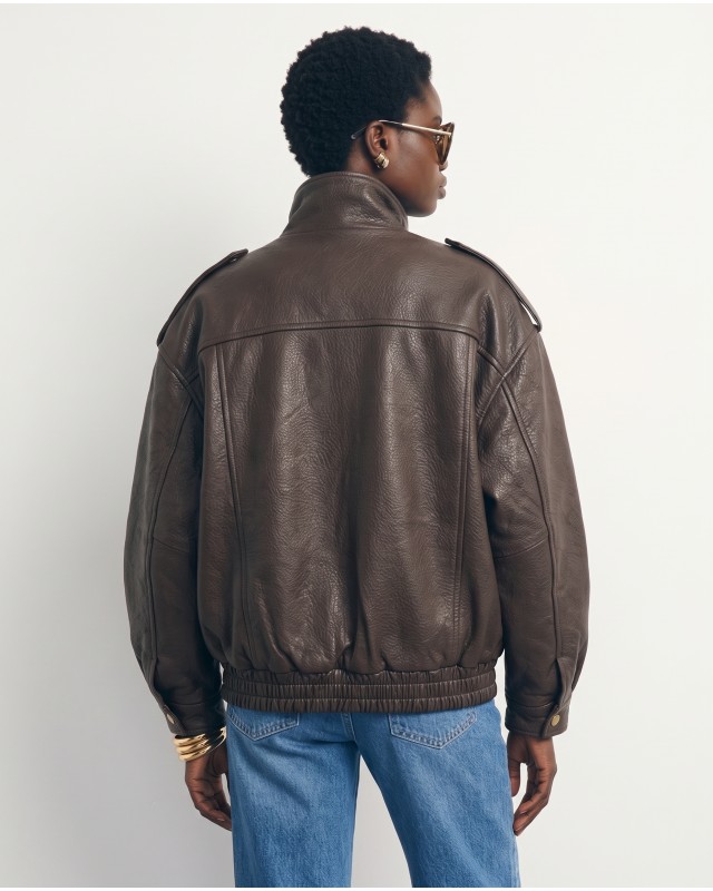 High-Neck Oversized Faux Leather Jacket - brown
