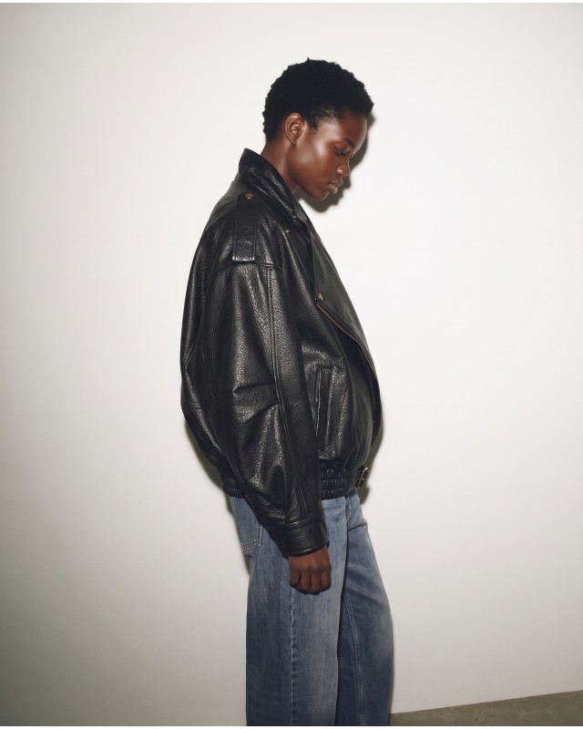High-Neck Oversized Faux Leather Jacket - Black