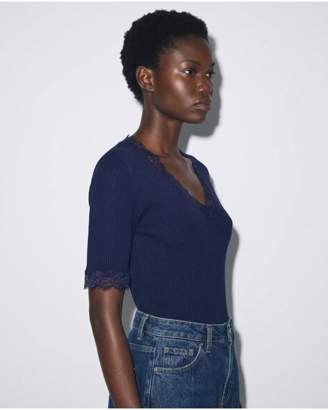 Πλεκτή Ριπ Μπλούζα με V και Λεπτομέρειες Δαντέλας navy