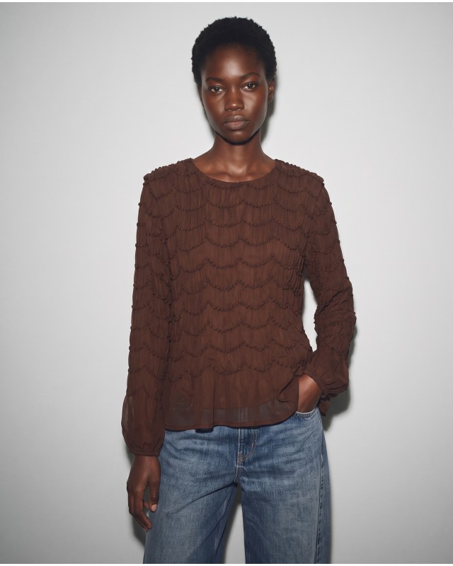 Smocked Long-Sleeve Blouse - Brown