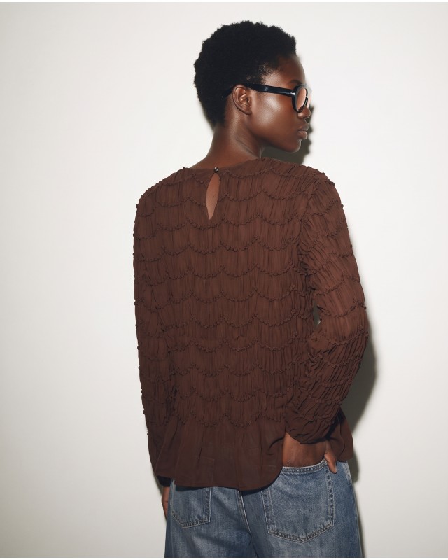 Smocked Long-Sleeve Blouse - Brown