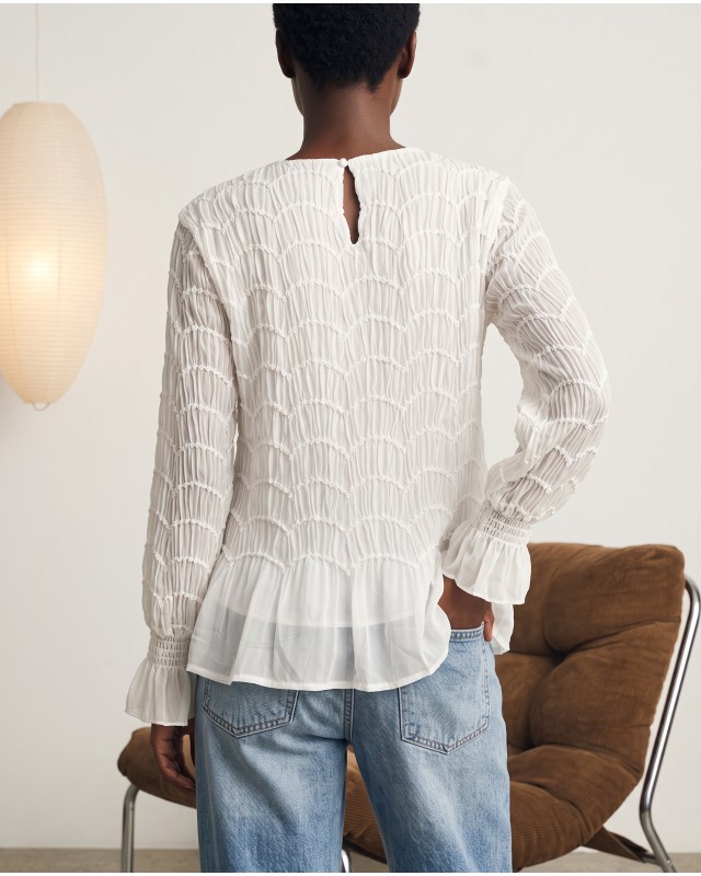 Smocked Long-Sleeve Blouse - white