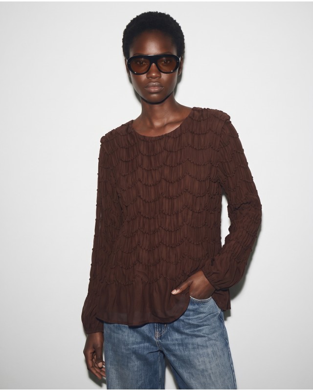 Smocked Long-Sleeve Blouse - Brown