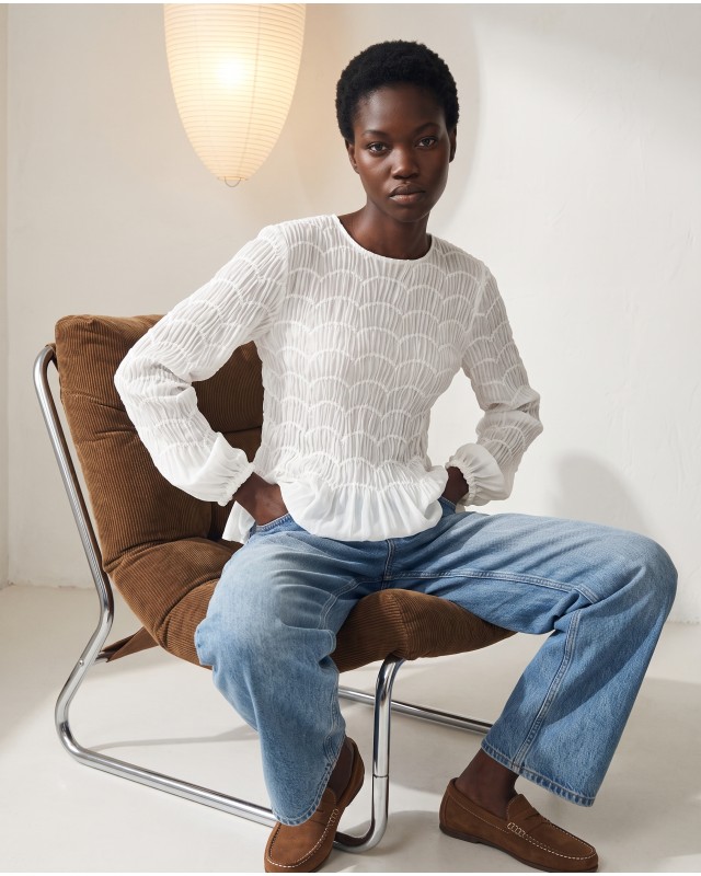 Smocked Long-Sleeve Blouse - white