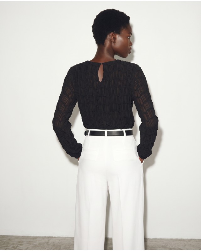 Smocked Long-Sleeve Blouse - black