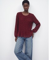 Smocked Long-Sleeve Blouse - burgundy