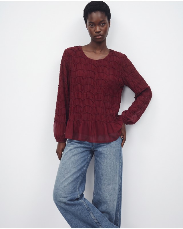 Smocked Long-Sleeve Blouse - burgundy