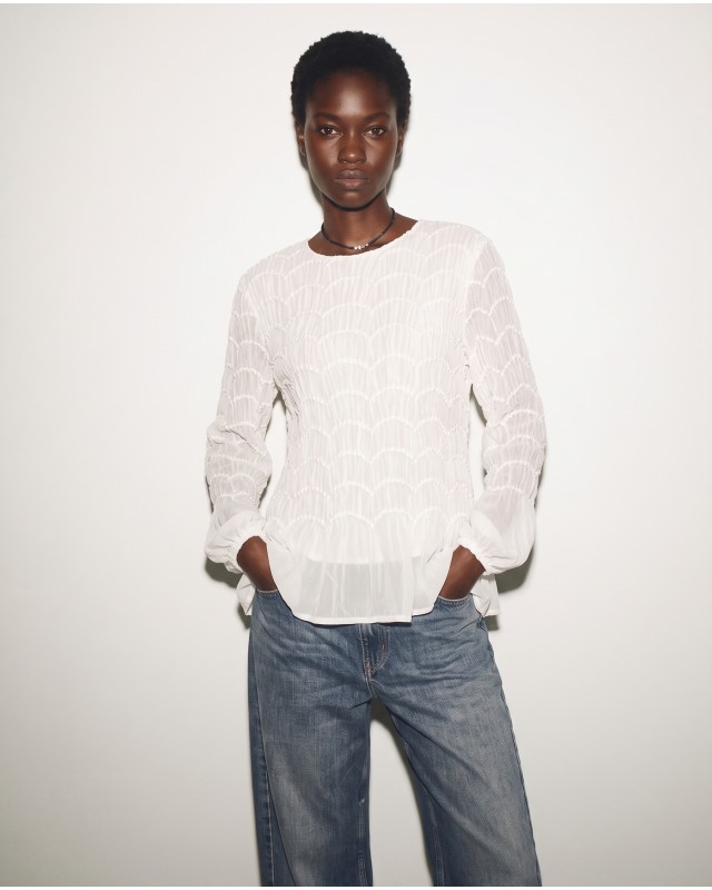 Smocked Long-Sleeve Blouse - white