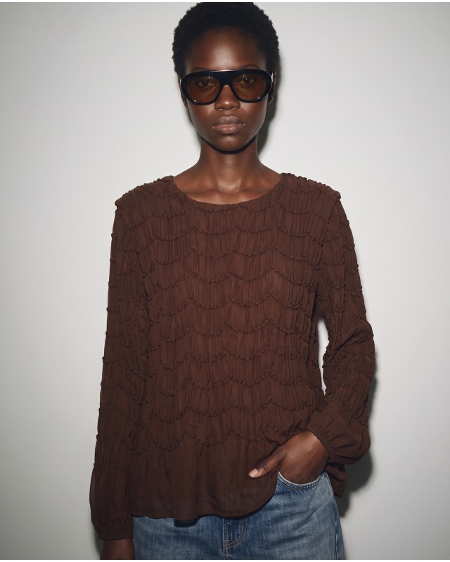 Smocked Long-Sleeve Blouse - Brown