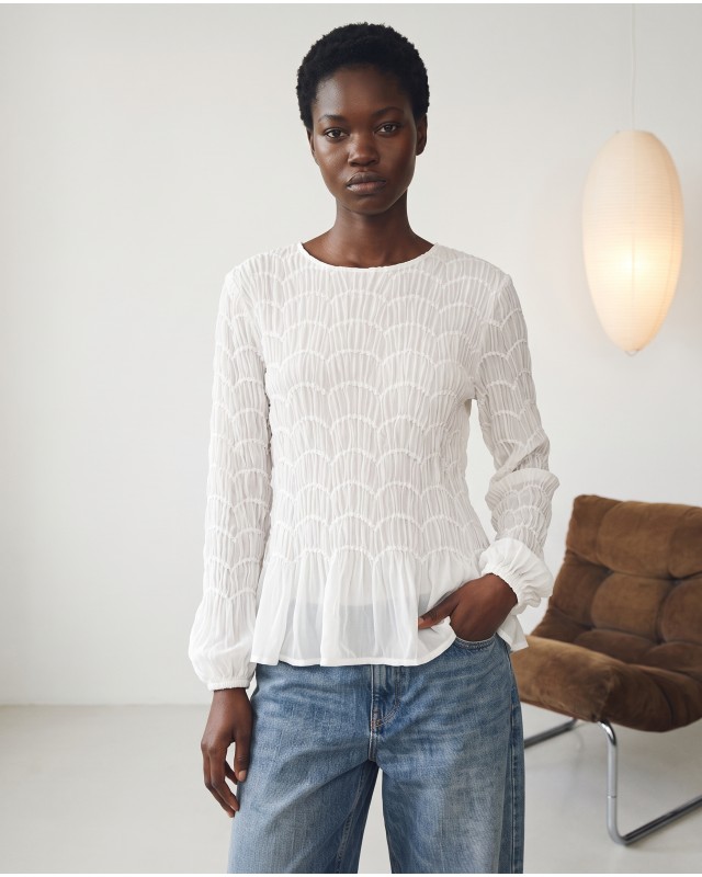 Smocked Long-Sleeve Blouse - white