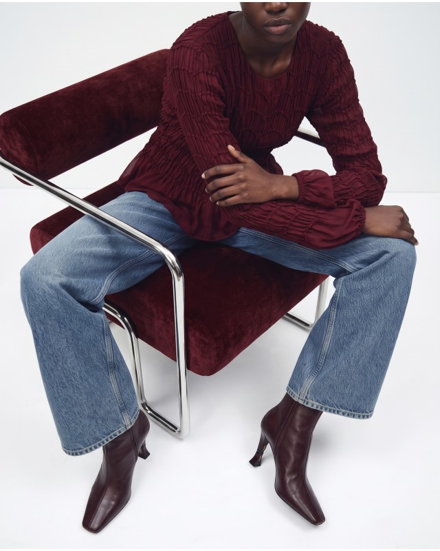 Smocked Long-Sleeve Blouse - burgundy