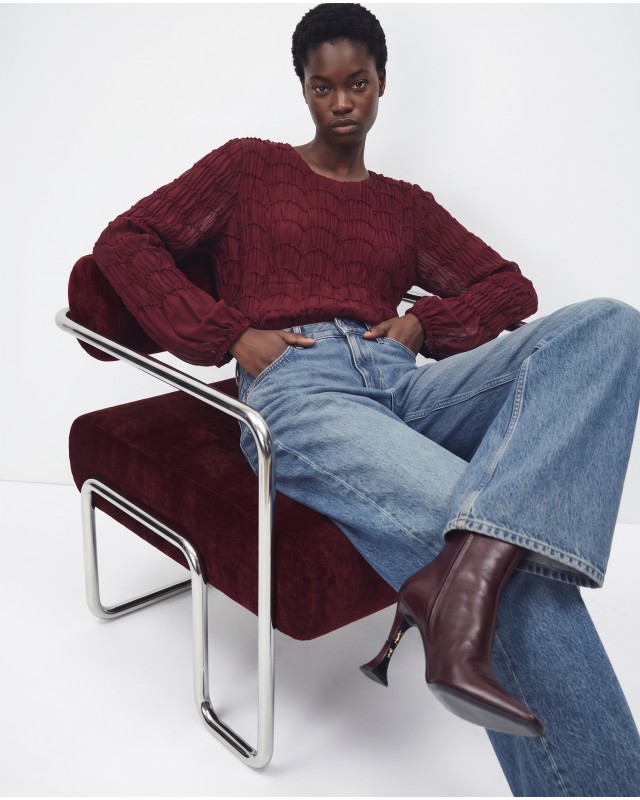 Smocked Long-Sleeve Blouse - burgundy