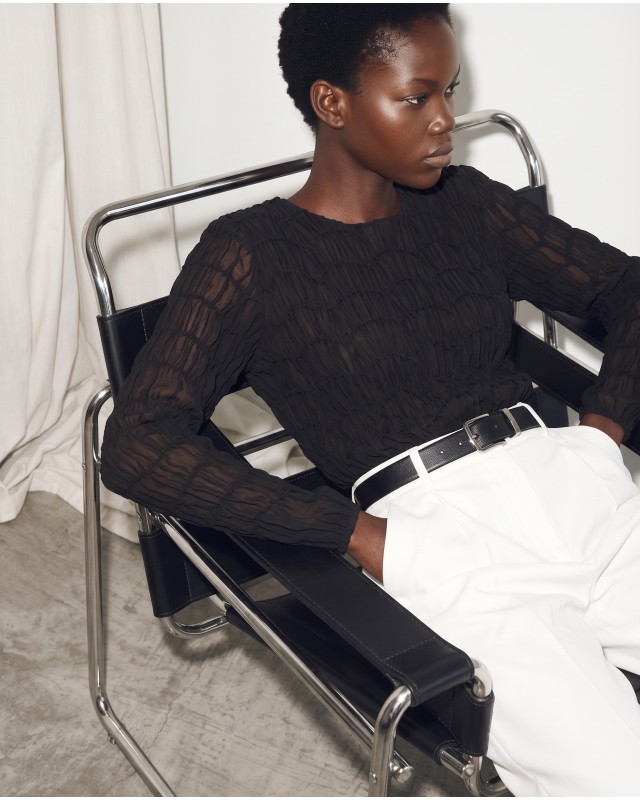 Smocked Long-Sleeve Blouse - black