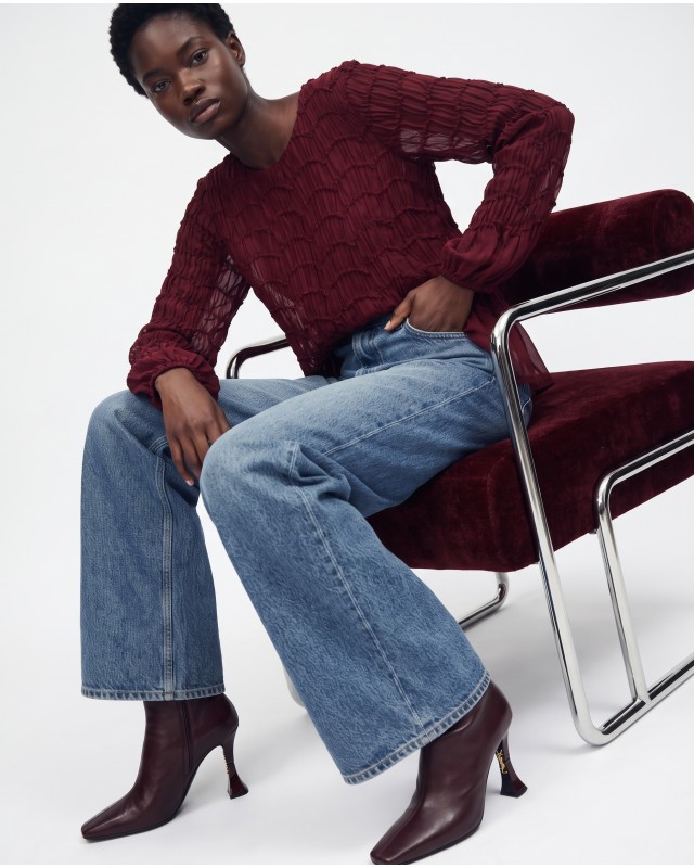 Smocked Long-Sleeve Blouse - burgundy
