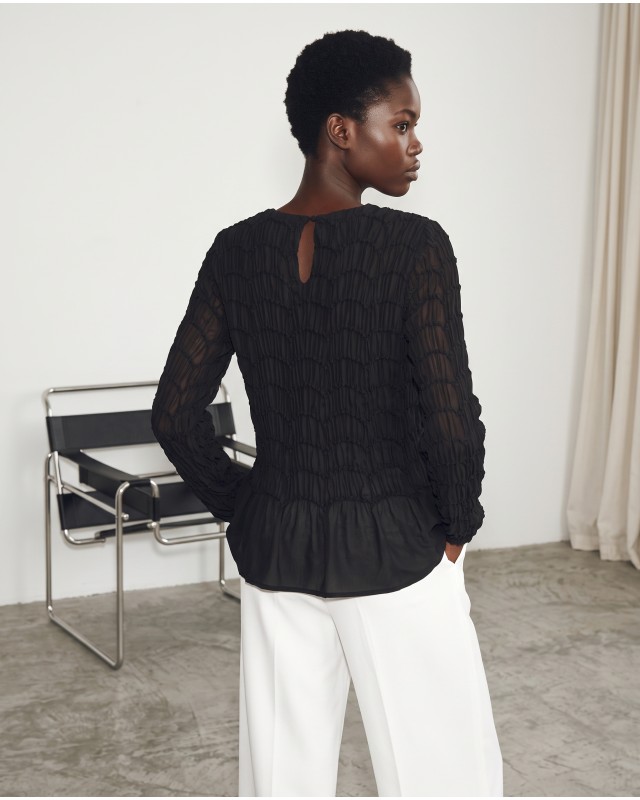 Smocked Long-Sleeve Blouse - black