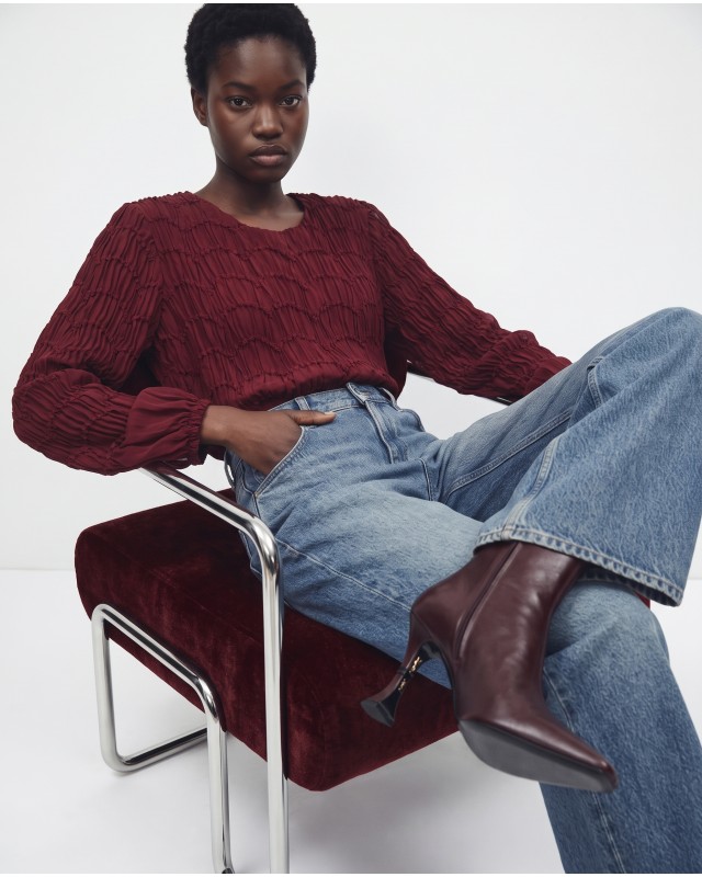 Smocked Long-Sleeve Blouse - burgundy