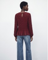 Smocked Long-Sleeve Blouse - burgundy