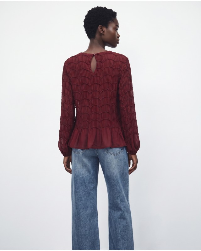 Smocked Long-Sleeve Blouse - burgundy