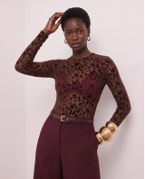 Sheer Velvet Leopard Print Bodysuit - Burgundy