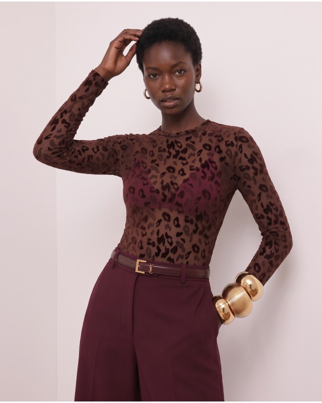 Sheer Velvet Leopard Print Bodysuit - Burgundy