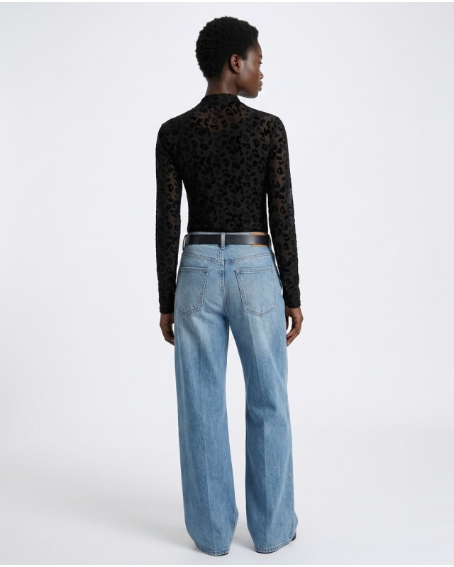 Sheer Velvet Leopard Print Bodysuit - black