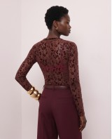 Sheer Velvet Leopard Print Bodysuit - Burgundy
