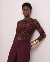 Sheer Velvet Leopard Print Bodysuit - Burgundy