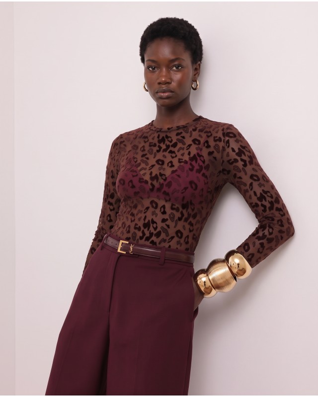 Sheer Velvet Leopard Print Bodysuit - Burgundy
