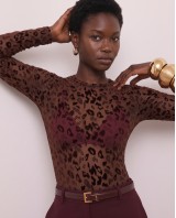 Sheer Velvet Leopard Print Bodysuit - Burgundy