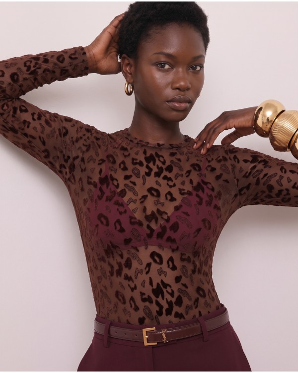 Sheer Velvet Leopard Print Bodysuit - black