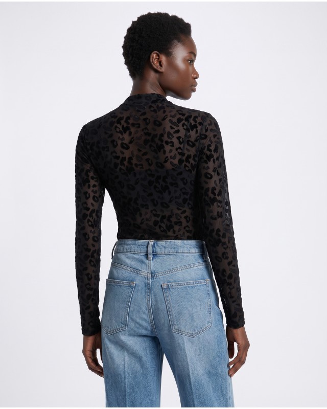 Sheer Velvet Leopard Print Bodysuit - black