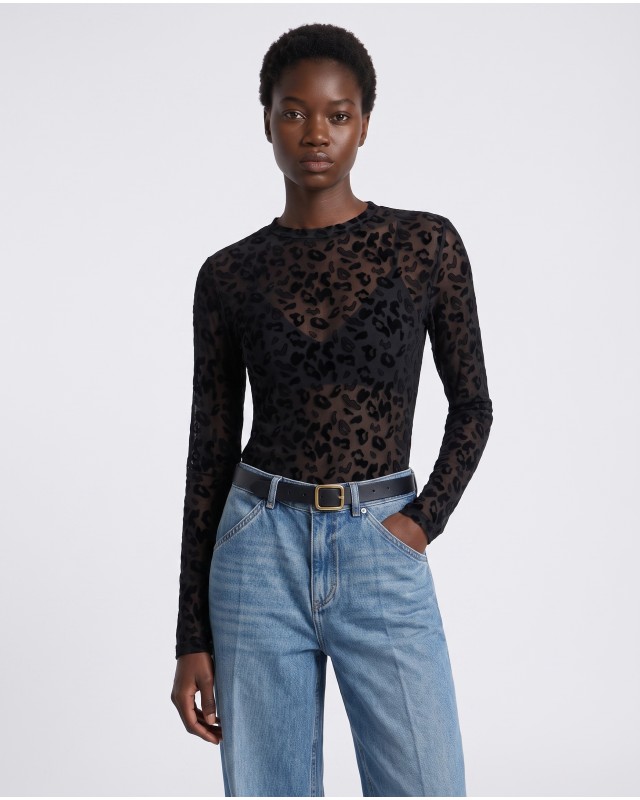 Sheer Velvet Leopard Print Bodysuit - black