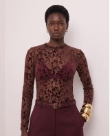 Sheer Velvet Leopard Print Bodysuit - Burgundy