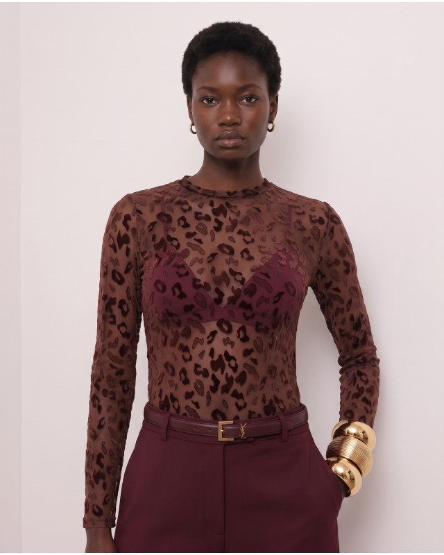 Sheer Velvet Leopard Print Bodysuit - Burgundy