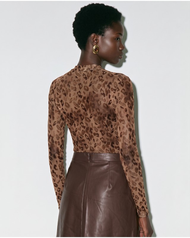 Sheer Velvet Leopard Print Bodysuit - Camel