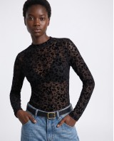 Sheer Velvet Leopard Print Bodysuit - black