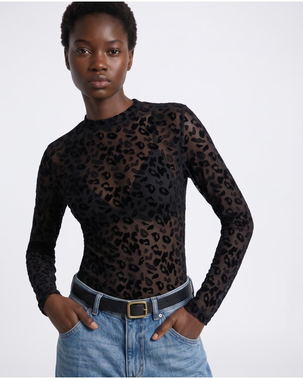 Sheer Velvet Leopard Print Bodysuit - black