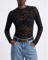 Sheer Velvet Leopard Print Bodysuit - black