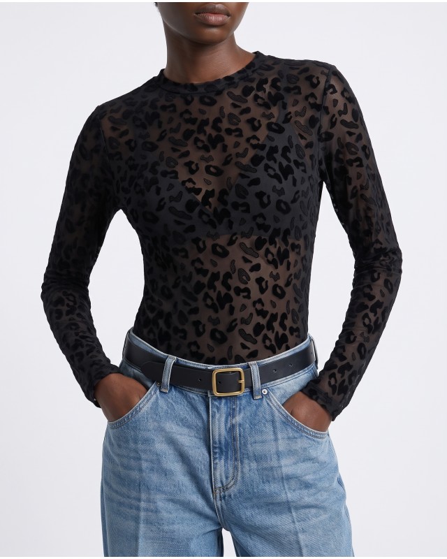 Sheer Velvet Leopard Print Bodysuit - black