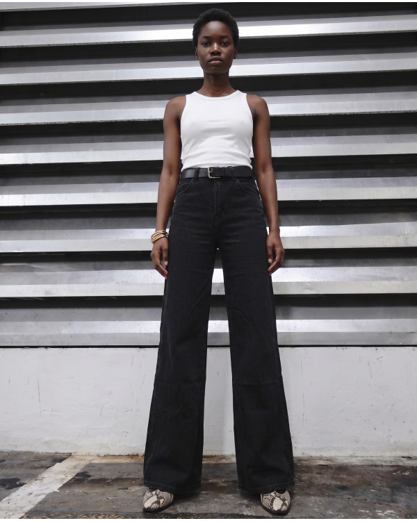 High-Waist Wide-Leg Jeans - Washed Brown 