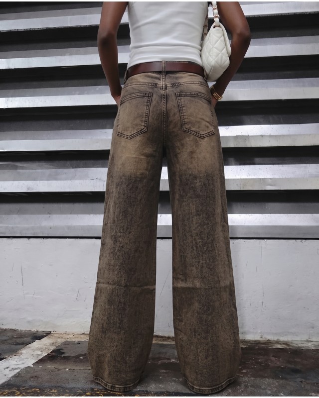 High-Waist Wide-Leg Jeans - Washed Brown 