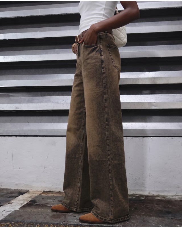 High-Waist Wide-Leg Jeans - Washed Brown 