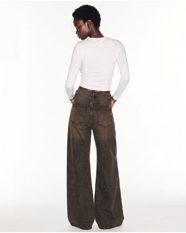 High-Waist Wide-Leg Jeans - Washed Brown 