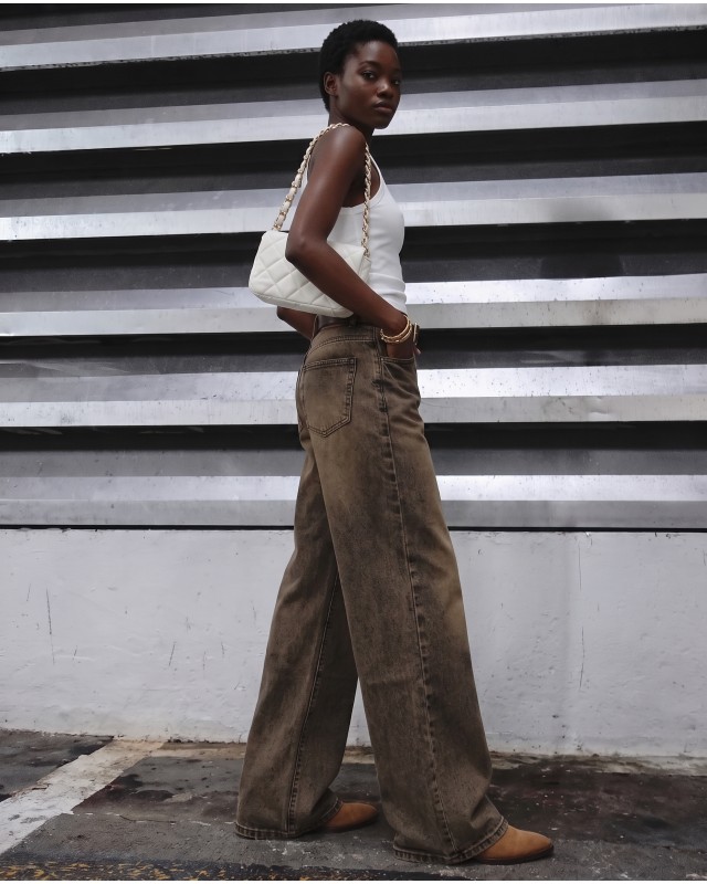 High-Waist Wide-Leg Jeans - Washed Brown 