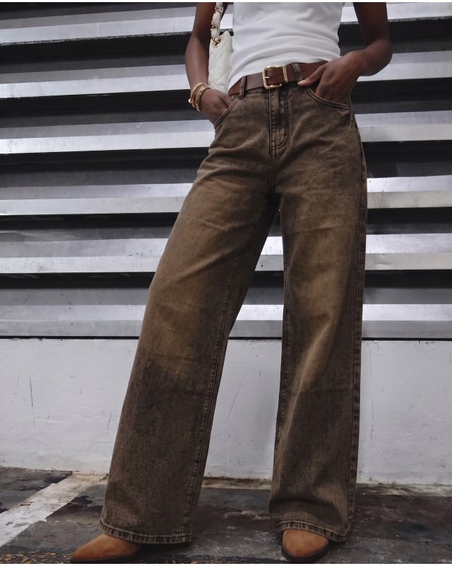 High-Waist Wide-Leg Jeans - Washed Brown 