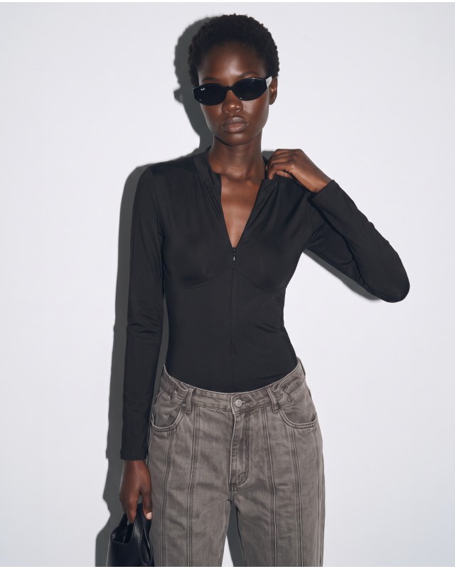 Slim-Fit Κορμάκι με Φερμουάρ και Ραφές Κορσέ - black