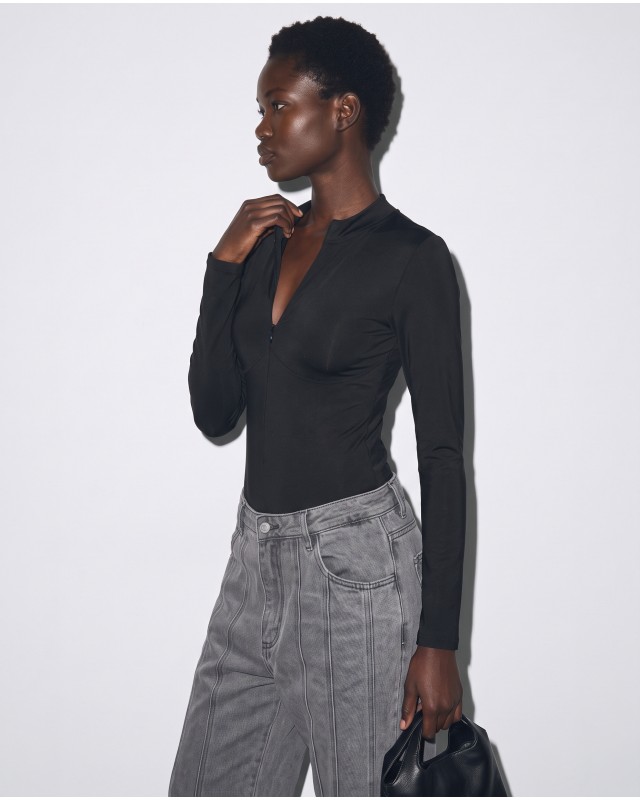 Slim-Fit Κορμάκι με Φερμουάρ και Ραφές Κορσέ - black